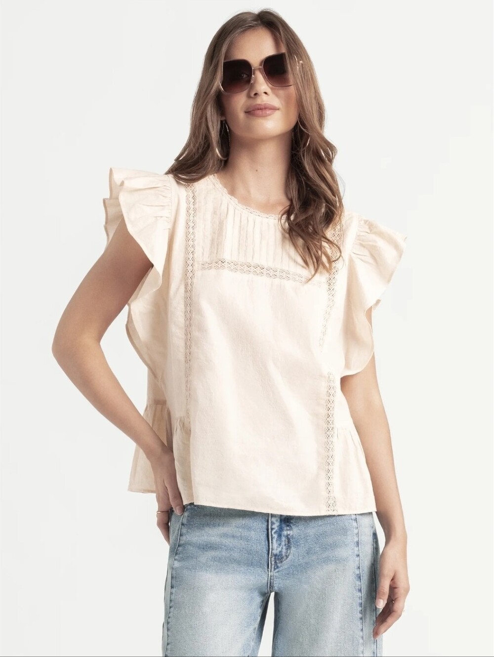 Jessica Simpson Cream Ruffle Sleeve Lace-Trim Blouse